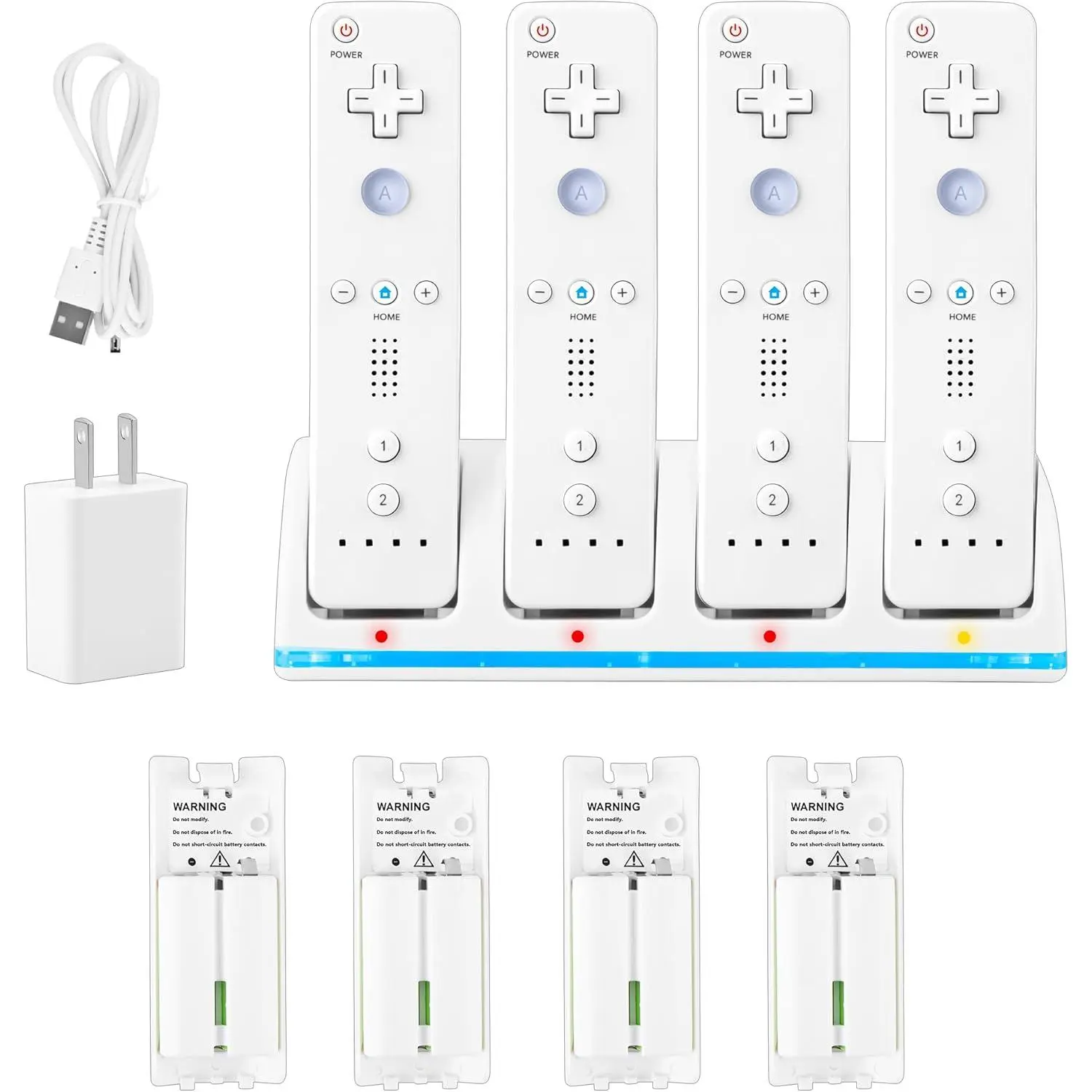 4-in-1 Cradle Remote Charging Station for Wii/Wii U Controllers - Fast Charge Gaming Console Accessory for Gamers, 4-Pack 2800mAh Rechargeable Batteries, Plugs, USB Cable, Plastic Body (Controllers Not Included)