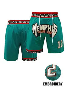 Men's Letter & Figure Embroidery Drawstring Waist Basketball Shorts, Casual Sport Shorts Breathable Hollow Out Straight Leg Shorts for Daily Wear, Men's Bottoms for All Seasons, Drawstring Sports Shorts