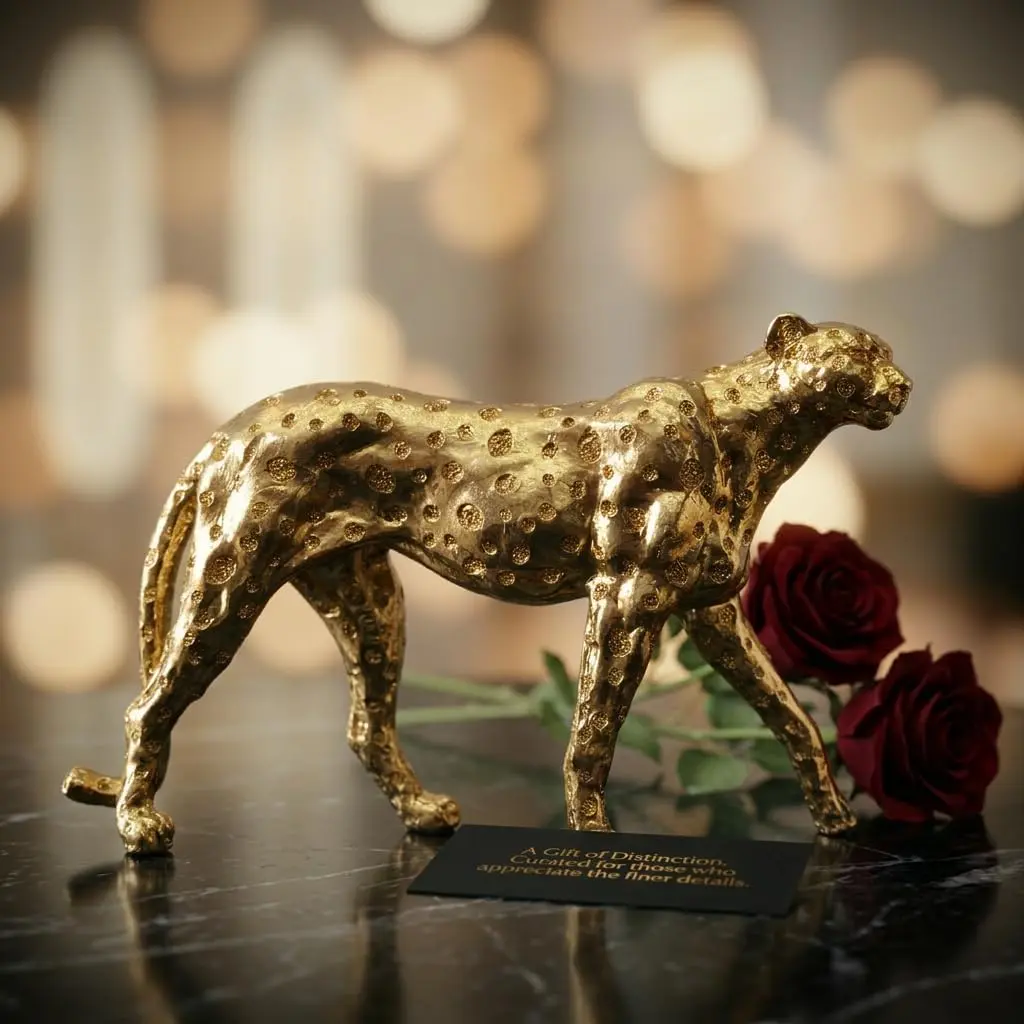 Cheetah Statue Gold Home Decor Walking Leopard Figurines | Resin Statue, Shelf Decor Accent, Textured Metallic Leopard, Gold Dceoration, 8.1-Inch-Tall Non-Slip Tabletop Sculpture