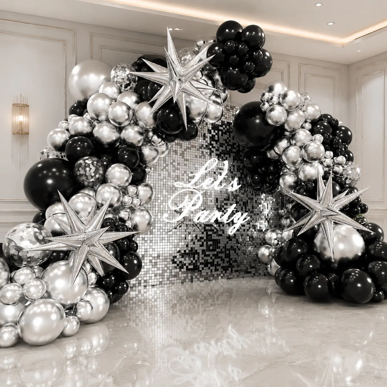 120PCS Black-Silver Metallic Balloon Kit with Star Garland - Premium Festive Party Decor, Black-Silver Birthday Balloon Decor, Photo & Explosion Effect Home Supplies -1sets