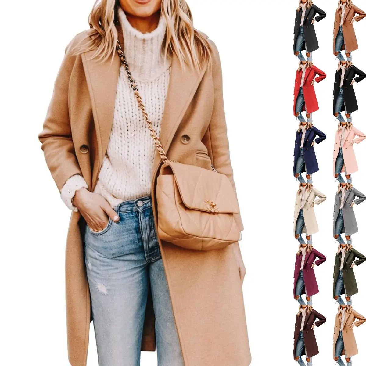 Goranbon Wool Trench Coat Women Fleece Notched Lapel Collar Mid Length Heavy Winter Coats