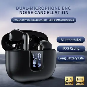 Digital Display Wireless Earphones Dual Mic ENC TWS Bluetooth 5.4 IPX5 Black Audio Low Latency Sports Earphones