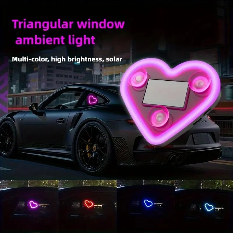 Solar Powered Peach Heart Neon Car Ambient Lights, Wiring Free Triangular Window Panel Decor Lamps, USB & Solar Dual-Mode Power Supply Heart Shaped LED Neon Lights, Easy Install Interior Decoration Modification Accessories for All Vehicles