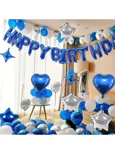 Blue Birthday Party Decoration Balloon Set for Festive Event Scene Layout with Silver and Black Balloons Happy Birthday Banner