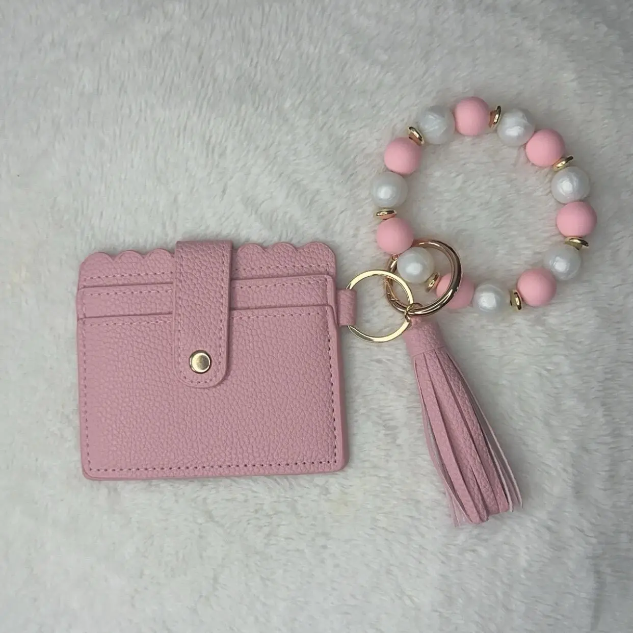 Pink Beaded PU Leather Keychain Wristlet - Wallet Chain, Keychain Pouch, Wearable Mini Compact Accessory, Ideal Birthday Gift for Wives, Pink Keychain Wristlet