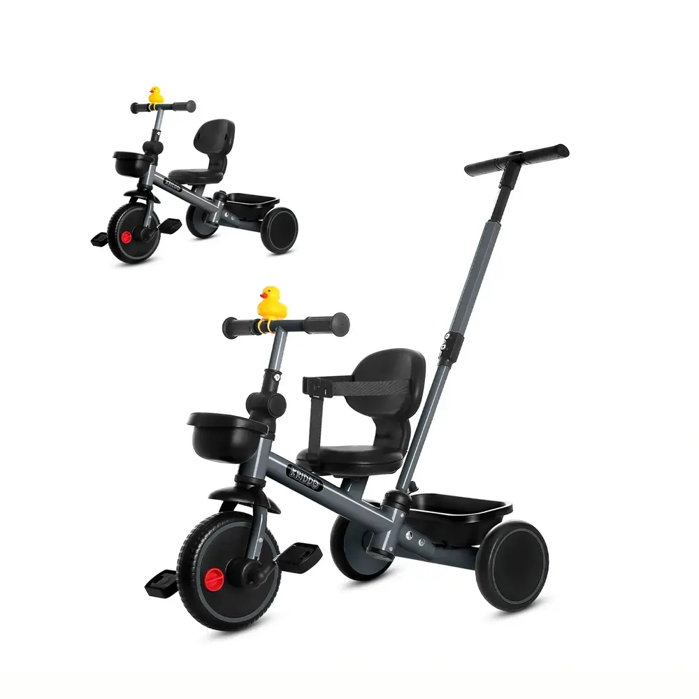 KRIDDO GuidePro 2-in-1 Kids Tricycle - Parent-Control & Independent Riding Toddler Trike with Steering Push Handle, Adjustable Handlebar, Sliding Seat, 3-Point Harness, Storage Baskets for 18 Months-5 Years