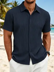 American Summer Men's Textured Heavyweight Tropical Hawaiian Vacation Commute Simple Short Sleeve Knit Shirt, Casual Wear for Men