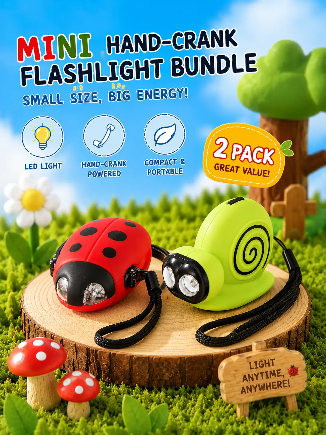 2-Pack Cute Snail & Ladybug Hand Crank Flashlight Toys, Mini Pocket Lights for Kids' Outdoor Fun