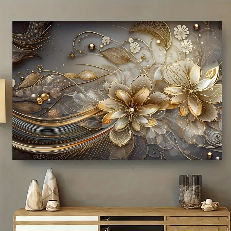 12x18in (30x45cm) Artistic Golden Flower Photo-Printed Artwork with Wooden Frame, Elegant Contemporary House Decor for Living Room, Blank Wall Filler with Design Element, Home