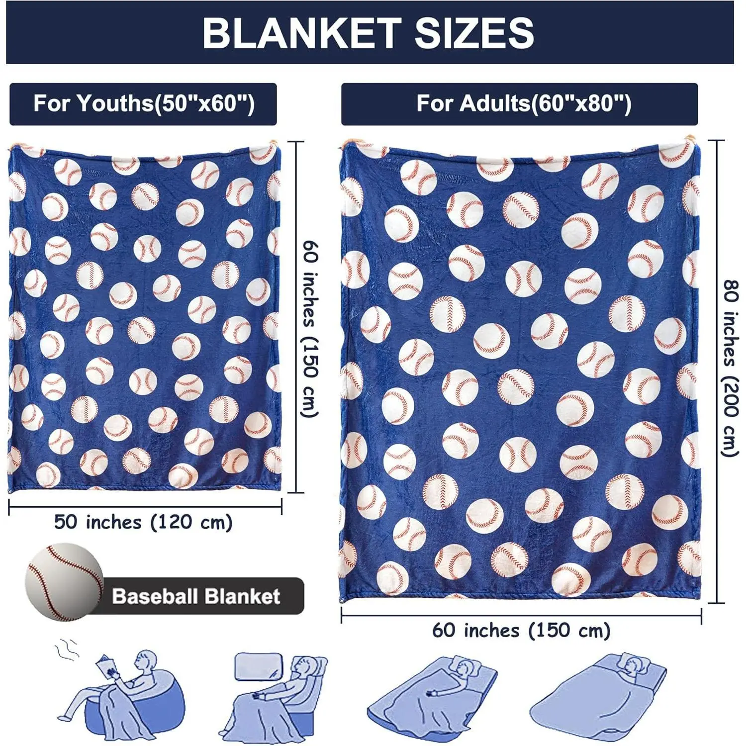 Sviuse Flannel Blanket - Breathable Warm Soft Plush Baseball Sport Design, 50"x60" Blue All-Season Throw for Boys Baseball Lovers, Couch Bed Home Decor Gift, Breathable Blanket, Warm Throw Blanket