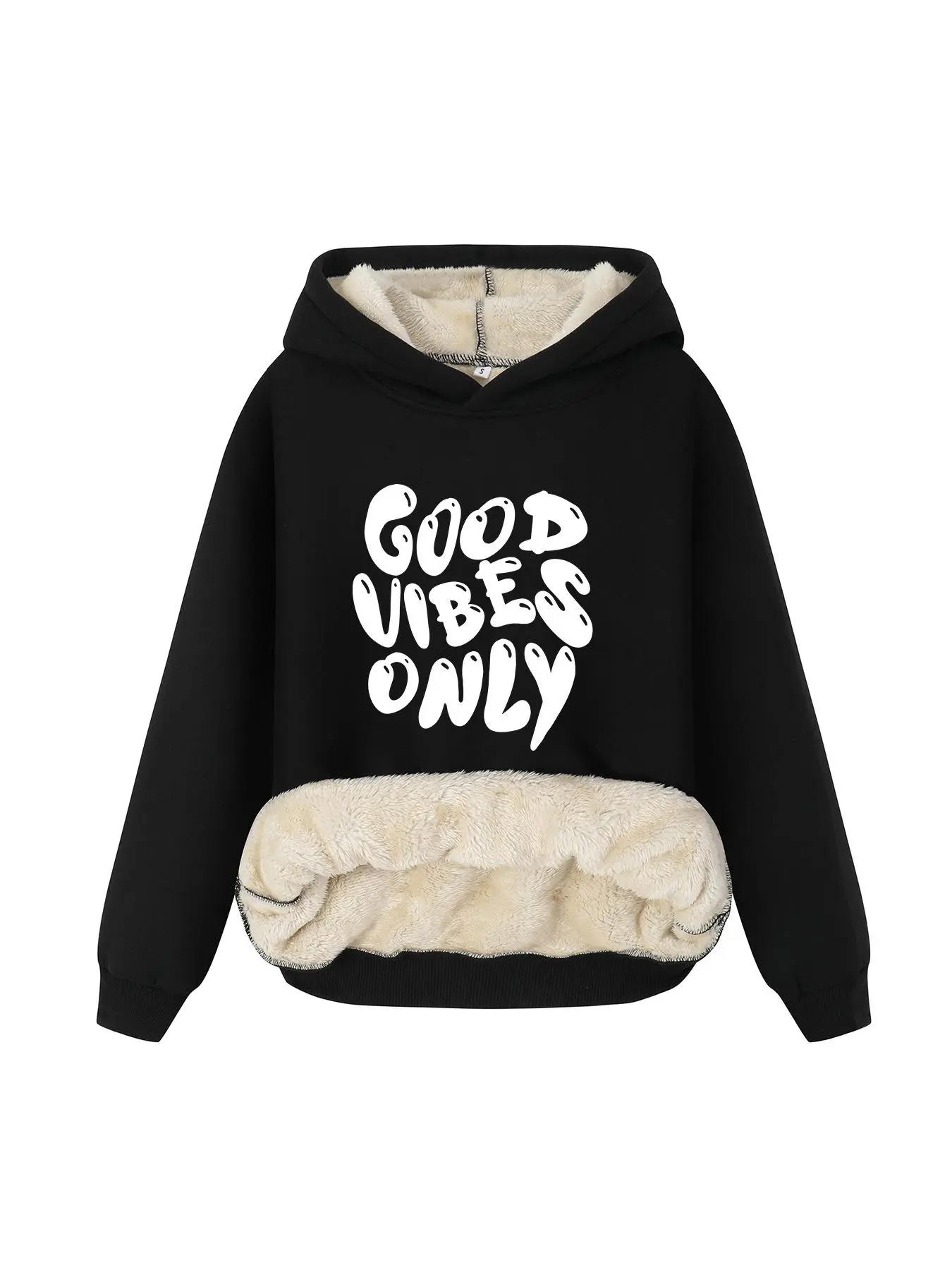 Women's Letter Print Plush Fuzzy Hoodie, Casual Long Sleeve Thermal Lined Hooded Sweatshirt for Fall & Winter, Women's Top for Daily Wear