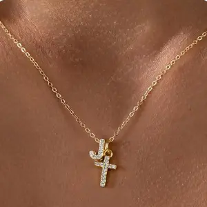 Stylish and exquisite women's initial cross necklace, 14Kgold-plated cubic zirconia cross pendant necklace, initialnecklace, women's jewelry Christmas gift.