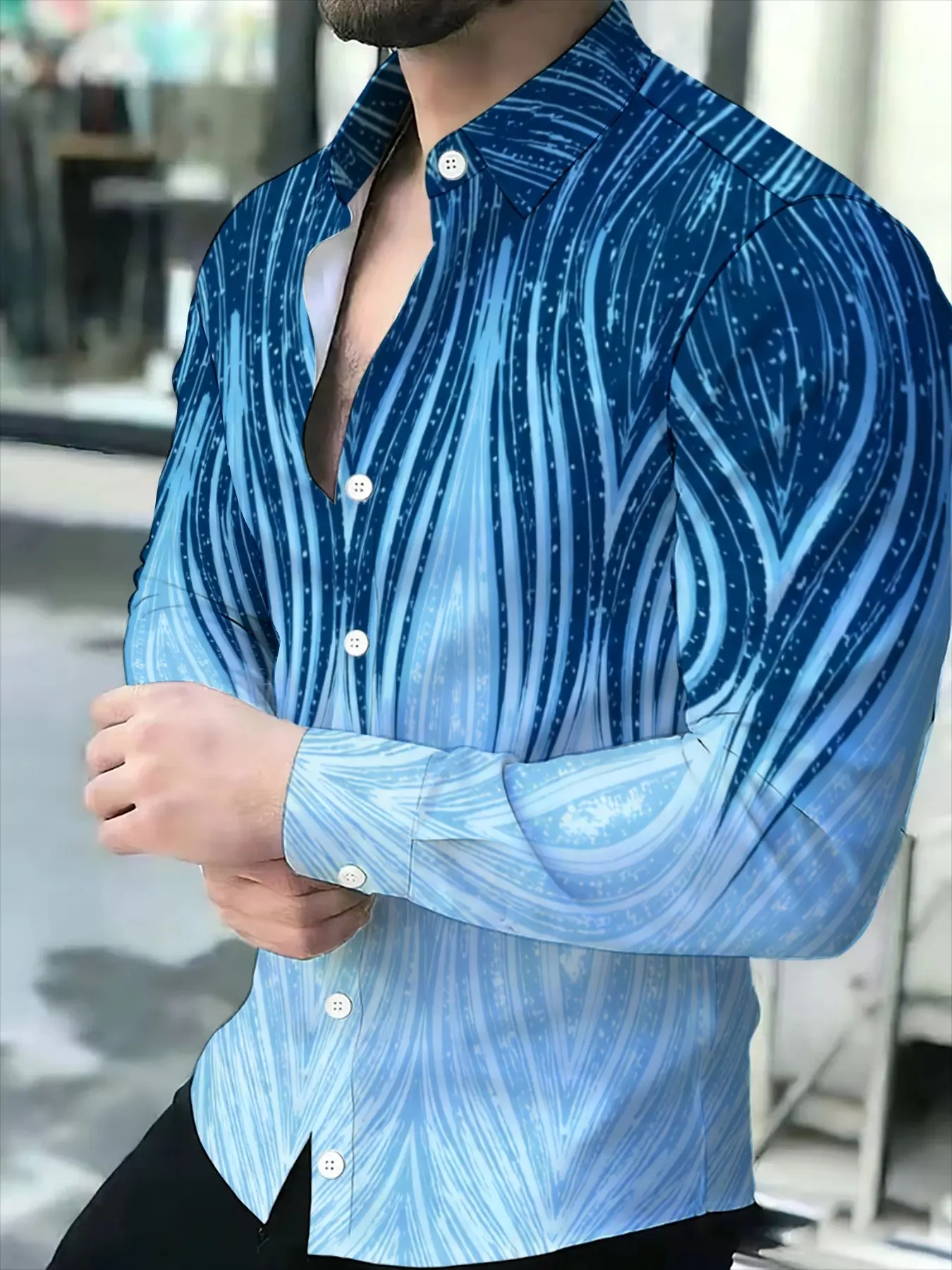 Men's long-sleeve shirt featuring a blue gradient abstract wave Novel pattern