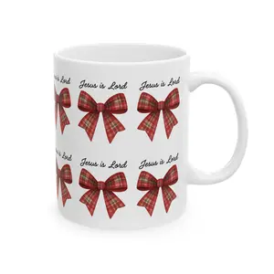Jesus is Lord Plaid Bow Pattern Christmas Coffee Mug | Ceramic Mug