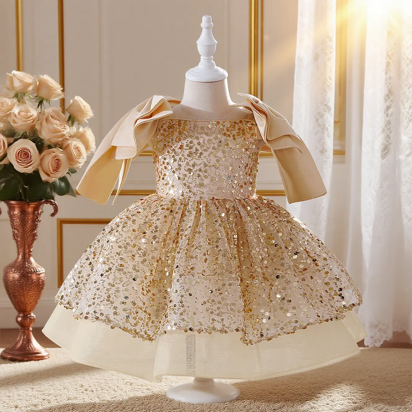 6080 Little girl piano host performance costume fashion sequined bow puffy princess dress birthday party