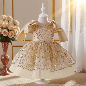 6080 Little girl piano host performance costume fashion sequined bow puffy princess dress birthday party