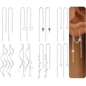 Jstyke 8Pairs Threader Earrings Chain Earrings Tassel Earrings for Women Stainless Steel Double Twist Wave Drop Dangle Earrings with Rhinestones Lightweight Long Chain Earrings Set
