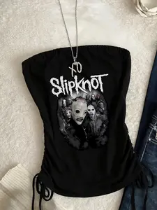 2026 Summer Y2K Goth Black Sleeveless Tube Top | Slipknot Heavy Metal Print | Lightweight Breathable Cool / Drawstring Ruched Slimming | Y2K Hot Girl / Dark Rock Style | Music Festival / Concert / Club / Daily Streetwear | Top Only