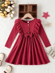 Young Girls Elegant Casual Frilled Dress with Sweet Bow Decoration, Comfortable and Dreamy Style for Playtime and Parties, Vintage Girly Clothes