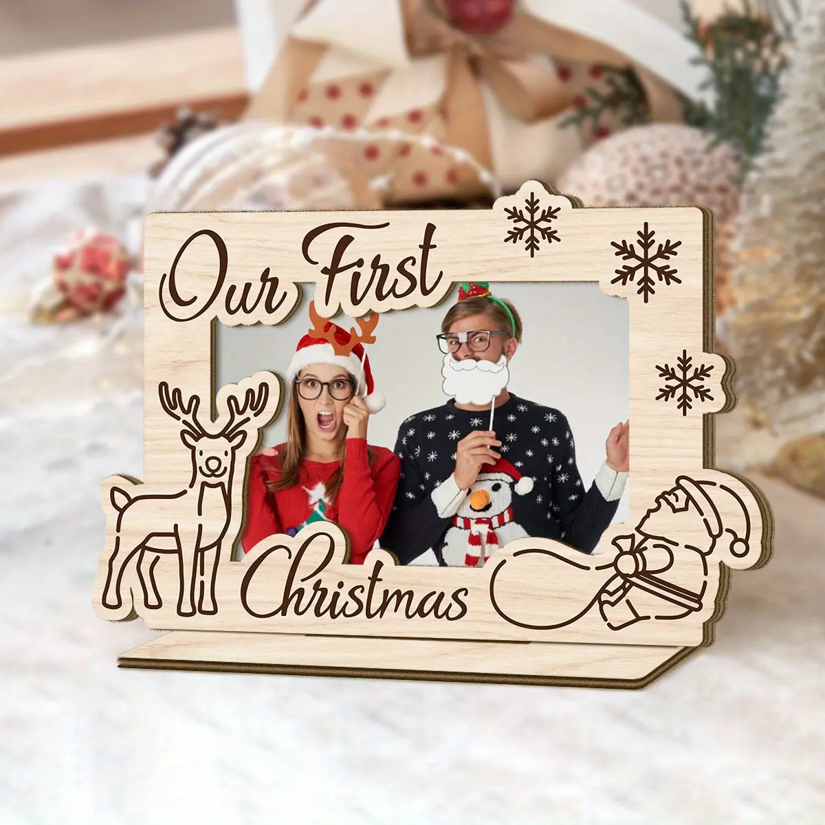 1pc Christmas Theme Wooden Photo Frame, "Our first Christmas", With a Base Can Stand on the Desktop, Best Christmas Gift choice for Yourself, Family, Desktop Decorative Sign Frame