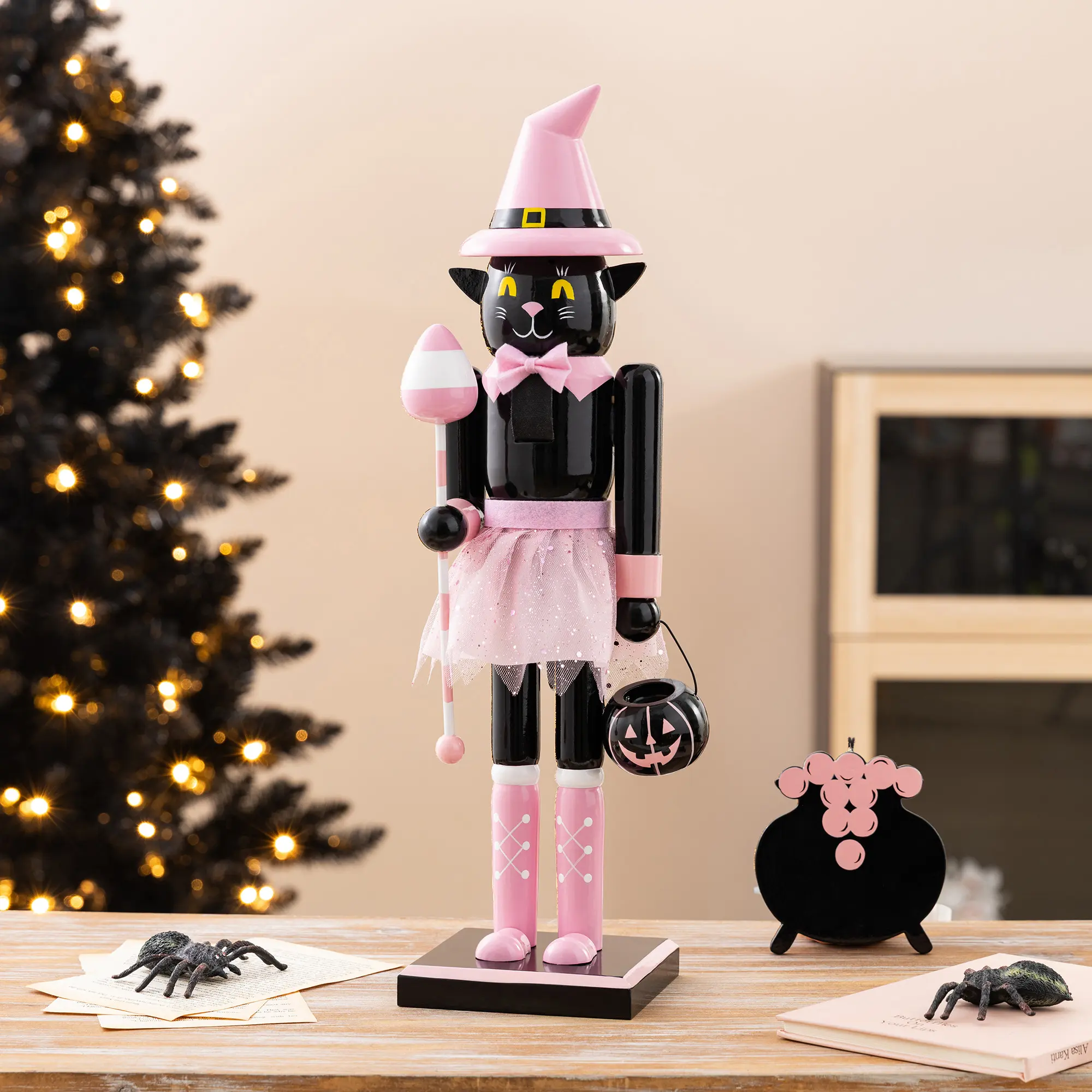 Glitzhome 18.25"H Halloween Wood Pink Cat w/Ornament Nutcracker