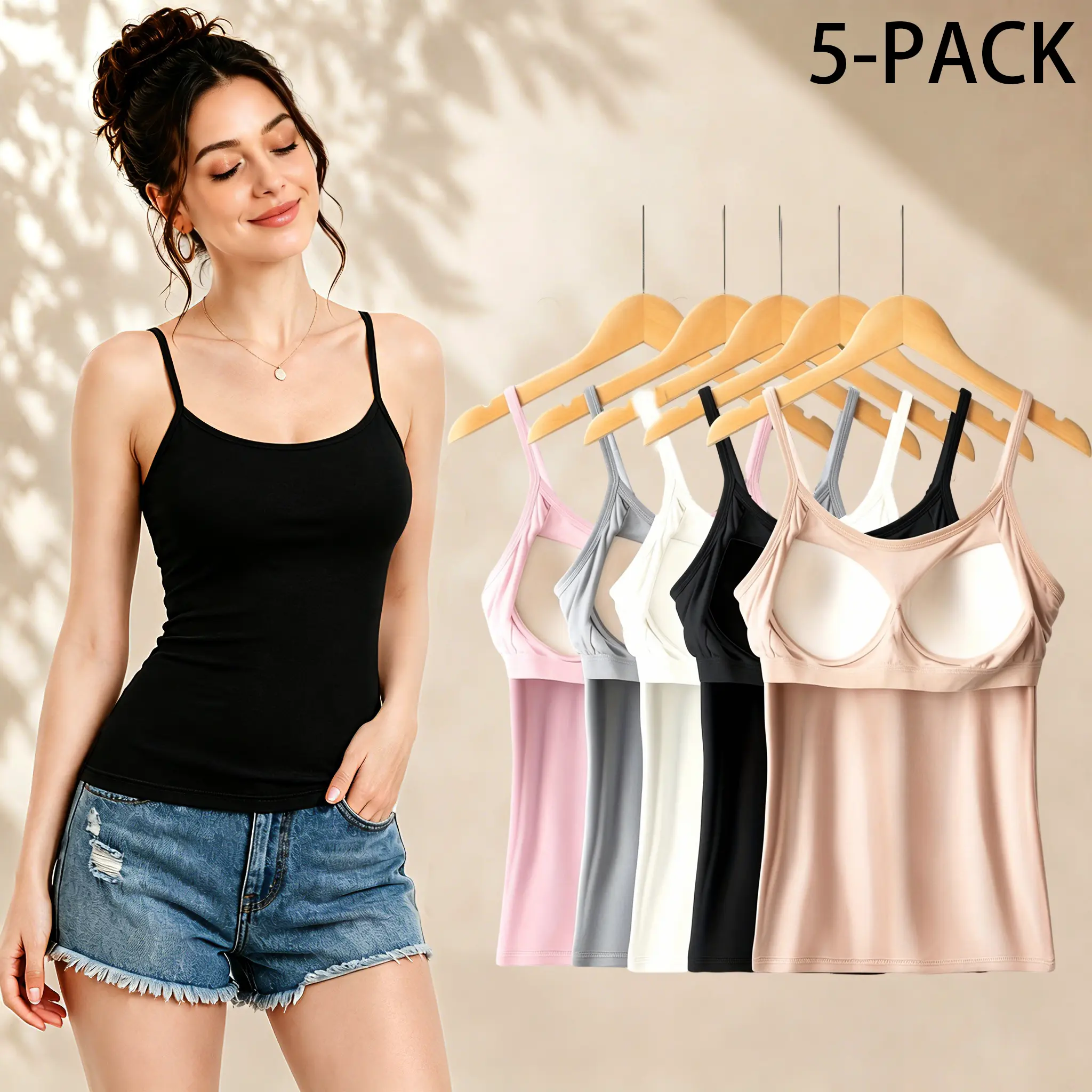 【5 Pack】Trending Minimalist Breathable Fabric Women Adjustable Spaghetti Strap U Neck Tank Top Buttery Soft Non See Through Double Lined Slim Fit Essential Camisole Casual Layering Basic Womenswear Summer Outfits Inspo Tops Daily Office Wear