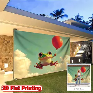 2D FLAT Banner, 1pc Cartoon Style Frog Balloon Green, Polyester home decoration background banner, suitable for living room, bedroom and other indoor and outdoor decoration, a perfect gift for parties and festival celebrations