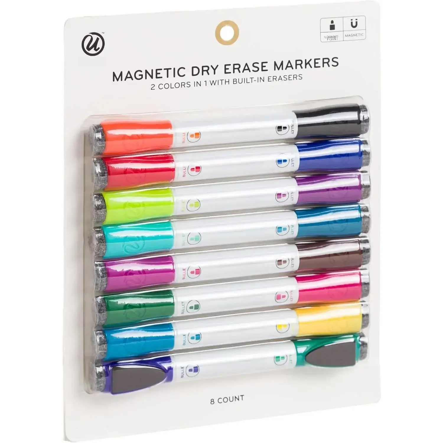 Fine Tip Dry Erase Markers with Eraser, Magnetic Double Ended Whiteboard Markers, Low Odor, Assorted Bright Colors, Set of 8