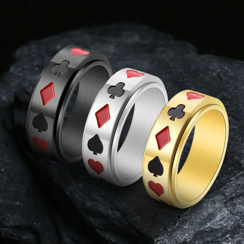 GTHIC Unique Stainless Steel Fidget Spinner Poker Card Ring, Durable Solid Color Casual Band for Male Adults, Everyday Artificial Gemstone Jewelry Accessory