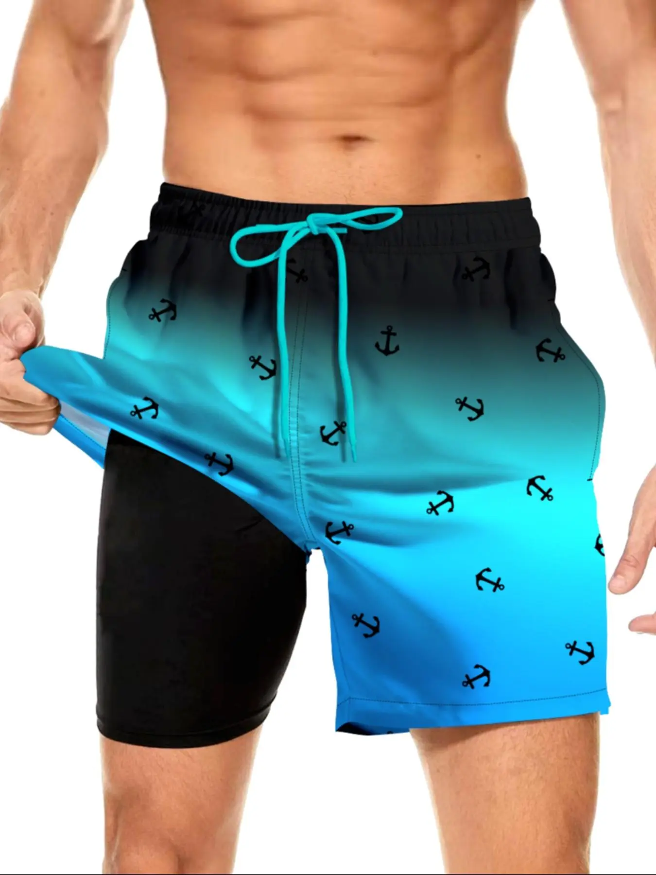 Men's Ombre & Anchor Print Double Layer Beach Shorts, Casual Comfy Breathable Swim Shorts, Bathing Shorts, Swimsuit Shorts for Beach Vacation, Men's Swimwear for All Seasons, Sports Swimming Shorts