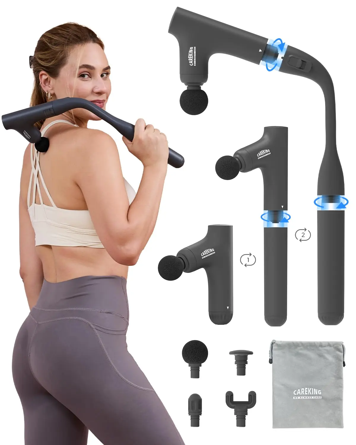 CAREKING 3-in-1 Detachable Massage Gun Deep Tissue, Ergonomic Extension Handle Back Massager for Pain Relief, Portable Percussion Muscle Massager for Shoulder, Thigh, Waist & Neck, FSA-HSA Eligible