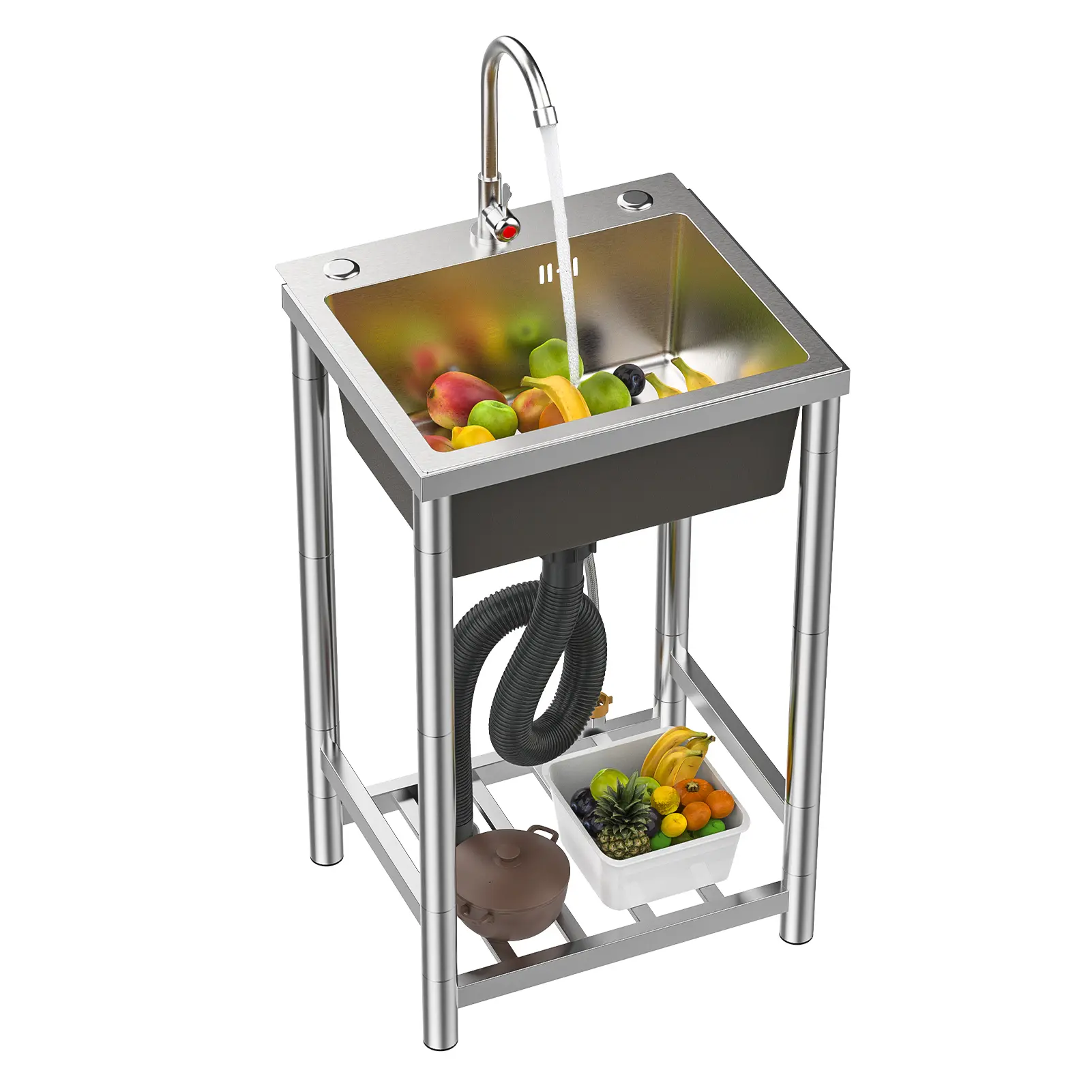 Stainless Steel Freestanding Single Bowl Kitchen Sink with 360-Degree Rotating Faucet, Filter Basket, Quiet Drainage - Home, Outdoor Utility Sink
