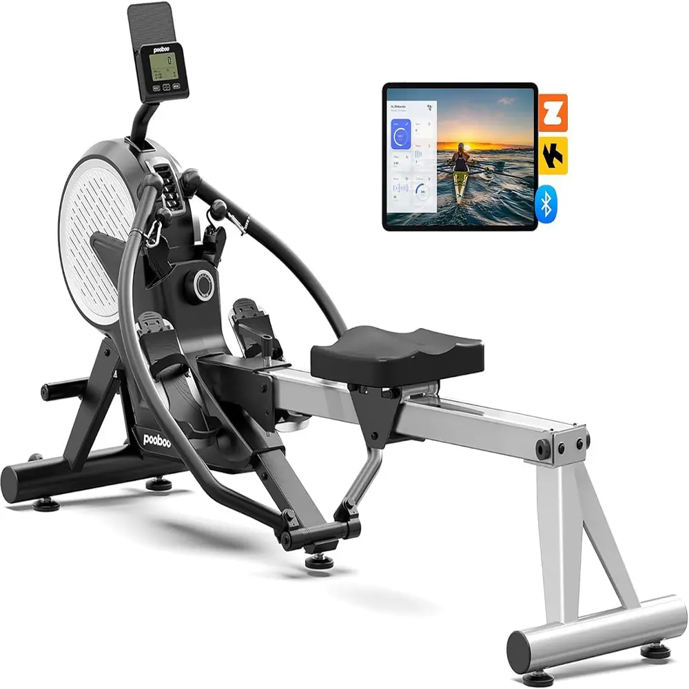 pooboo Dual Scull Wind-Magnetic Resistance Rowing Machine for Home Gym, 400 Lb Capacity, 14 Tension Levels, Steel Frame, Compact Foldable Compact Form, Quiet Operation, Bluetooth App Support