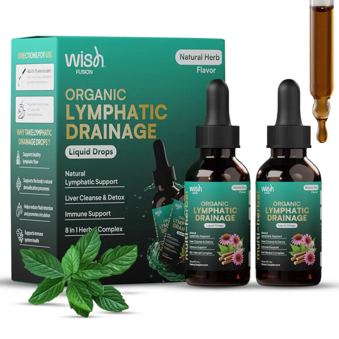 Wish Fusion Organic Lymphatic Drainage, 2 Pack Liquid Drops Lymphatic Support Drops to Support detox, Mullein, Burdock Root & Dandelion Lymphatic Drainage Supplements for Adults