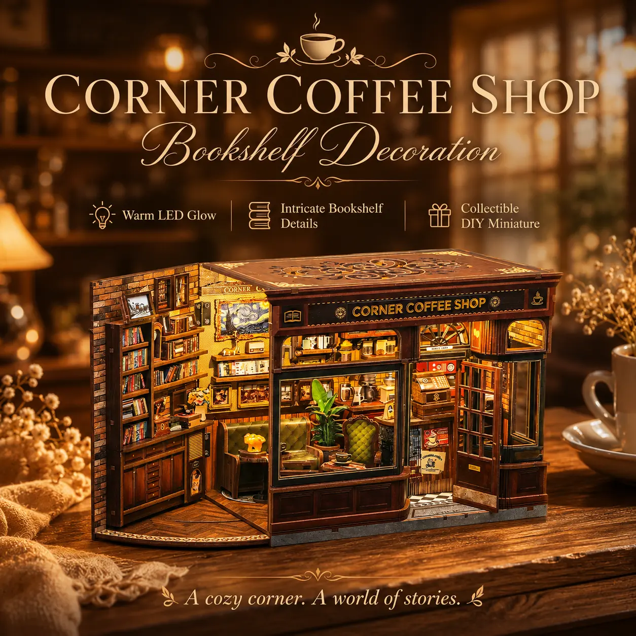 CUTEBEE Collectible DIY Miniature Corner Coffee Shop Kit with LED Lights, Dust Cover, Doll House Accessory, Stress Relief Craft for Craft Lovers, Decorative Piece, Gift, Led & Dust Cover, Stress Relief Craft For Her