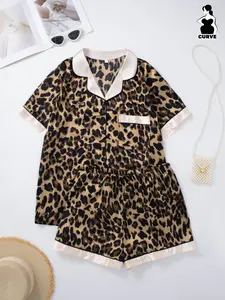 Women's Plus Size Sleepwear Loungewear Pajama Set, Short Sleeve Top and Shorts, Leopard Print Full Body, Collar and Cuffs, Polyester Silk Fabric