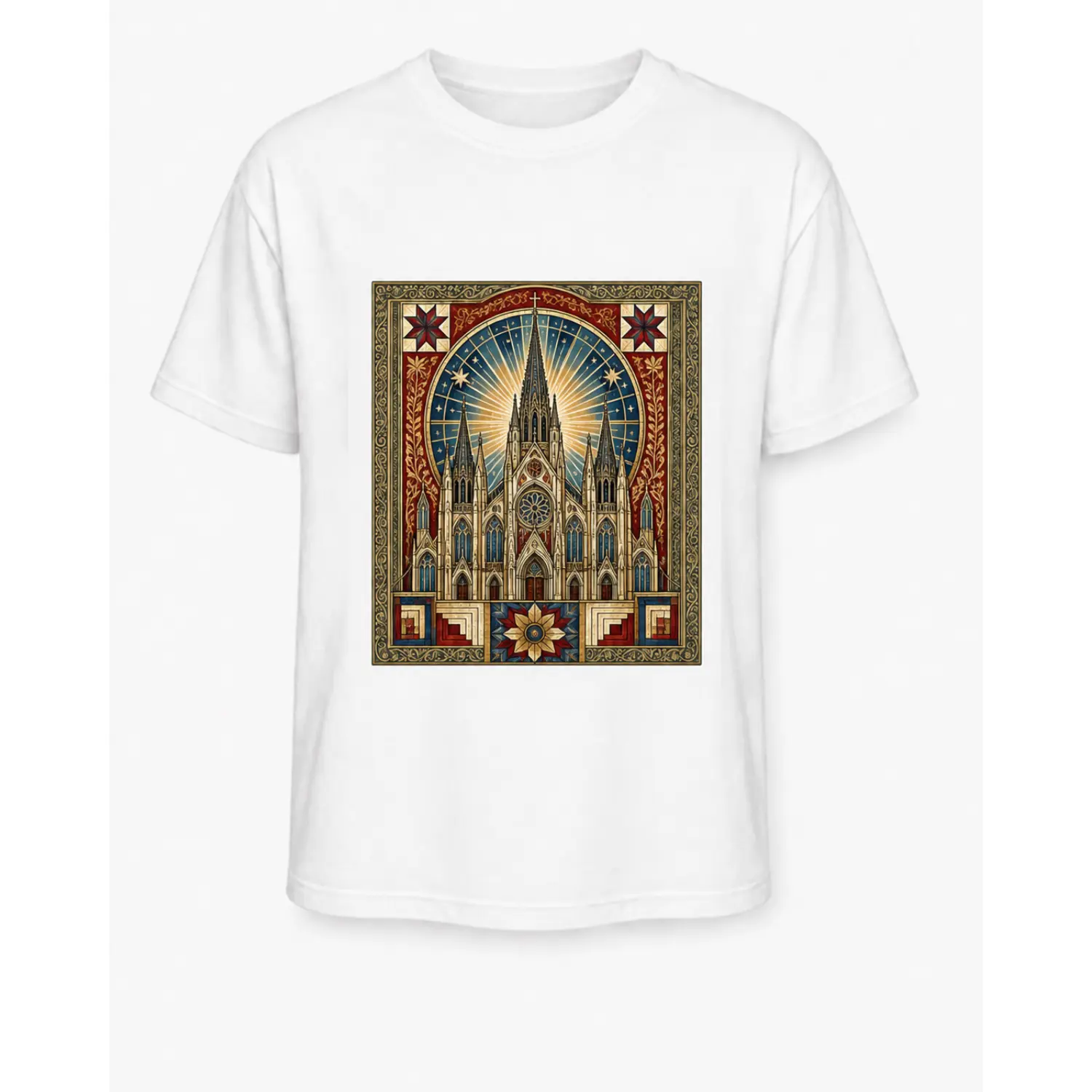 Vintage Cathedral Art Graphic White Tee - Retro Ornamental Architecture Print Casual Streetwear T-Shirt for Men & Women