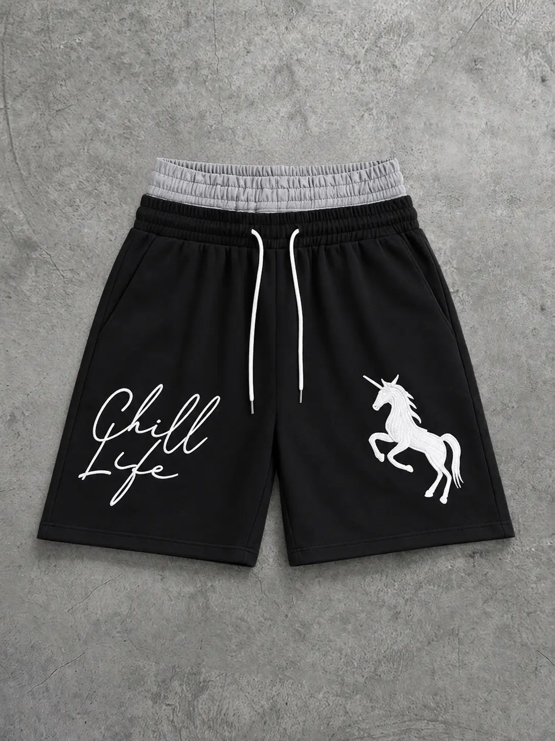 Unisex Faux Two Piece Athletic Shorts Double Waistband Unicorn Embroidery Graphic Drawstring Basketball Gym Running Casual Streetwear Lounge Shorts Loose Fit Summer Workout Training Sport Short Pants for Men Women Teen Y2K Daily Wear with Pockets Set Look