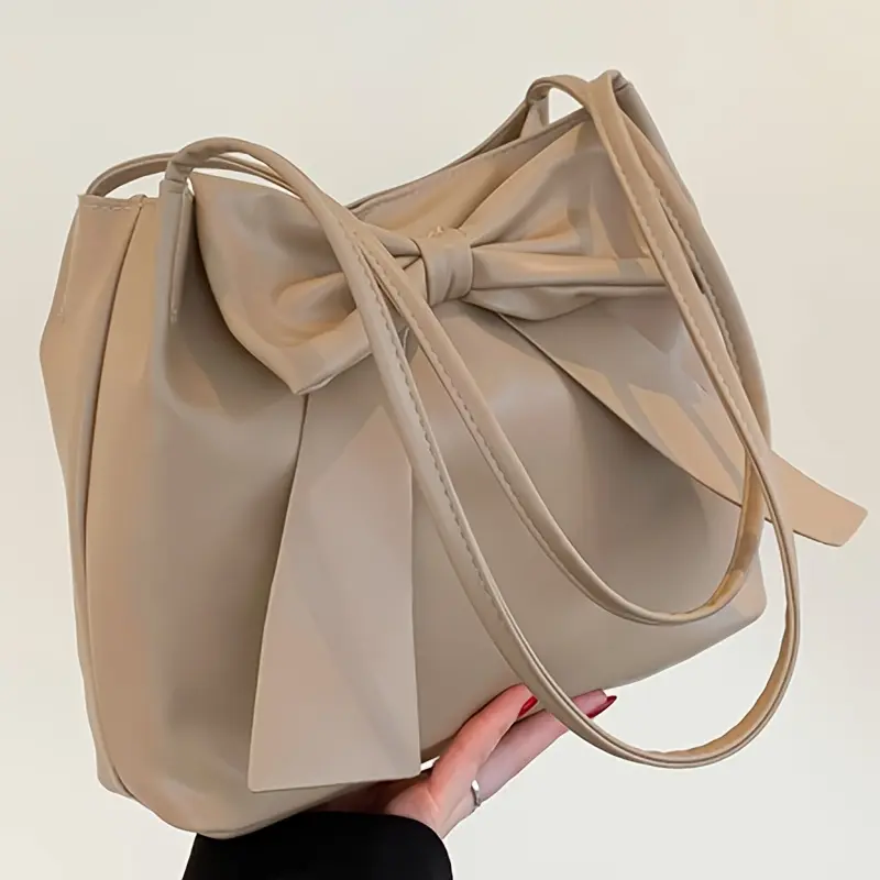 Women's Leather Festive Black Bowknot Tote Bag - Casual Shopping Handbag, Formal Party Evening Bag, Casual Wear, Adjustable Strap, Zip Closure, Chic Look, Machine Washable