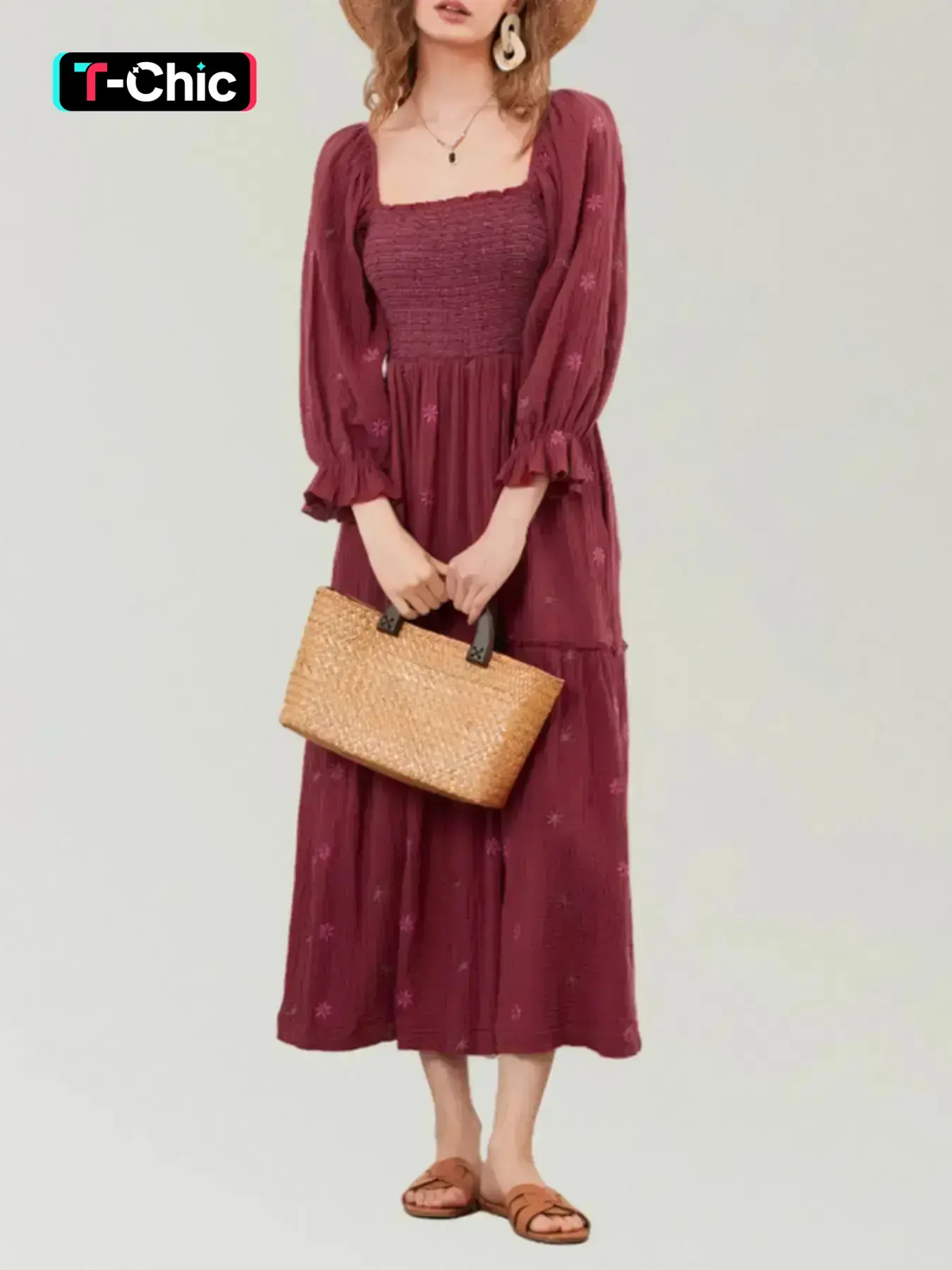 Women's Elegant Chic Long Sleeve Trumpet Sleeves Embroidered Square Collar Sunflower Pendant Dress Lady Womenswear - Suitable for Daily Vacation, Party, Commuting