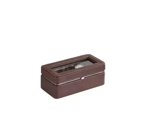 Blovely Well 8" Long Tempered Glass and Leather 4-Slot Watch Display Case, Brown