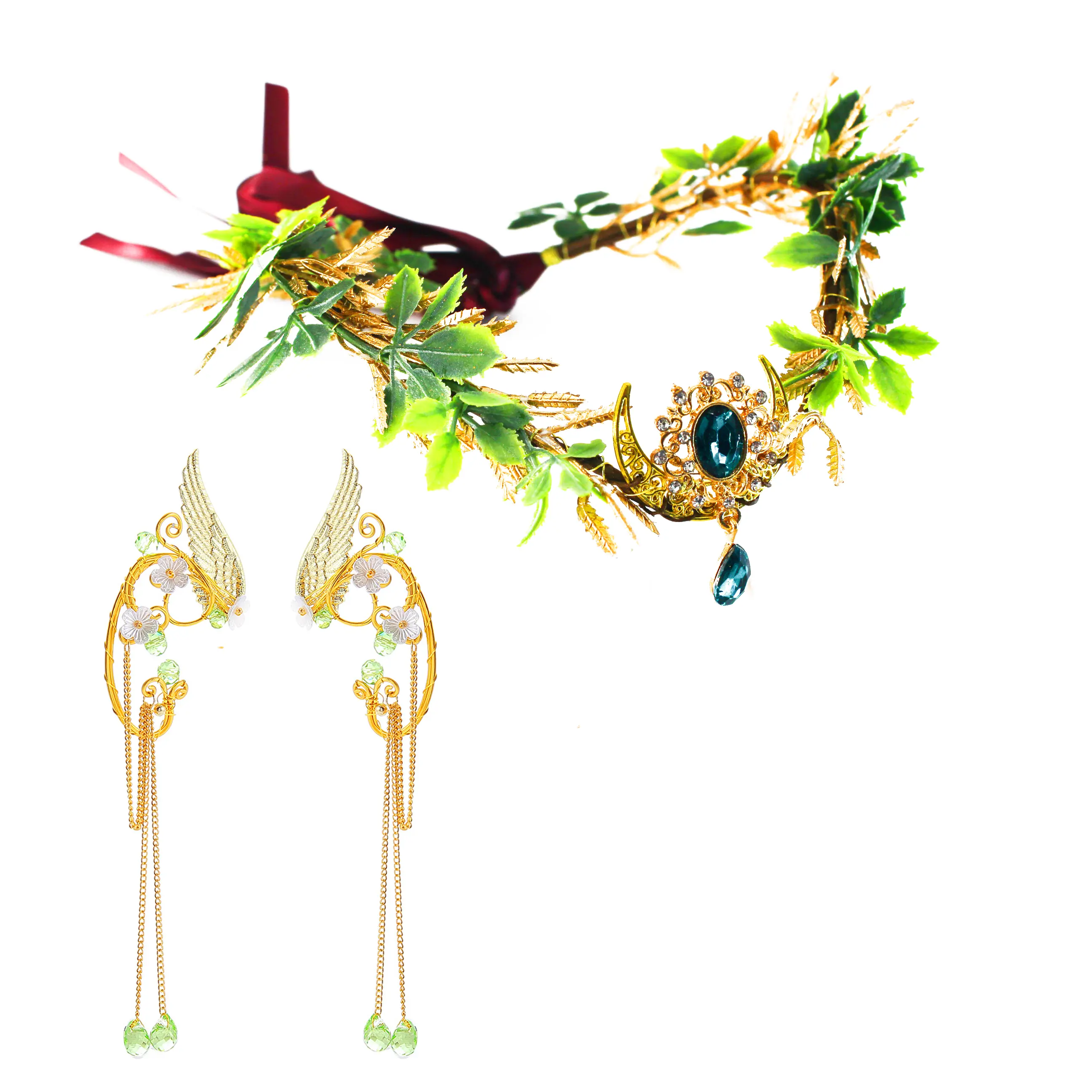 GENTLELIE Fairy Leaf Crown with Blue Crystal & Gold Wing Ear Cuff Earrings, Elf Goddess Headpiece Set for Women Girls, Woodland Cosplay, Halloween, Festival & Photoshoot