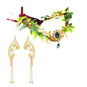 GENTLELIE Fairy Leaf Crown with Blue Crystal & Gold Wing Ear Cuff Earrings, Elf Goddess Headpiece Set for Women Girls, Woodland Cosplay, Halloween, Festival & Photoshoot