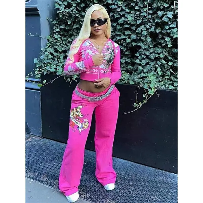 Spring 2 Two Piece Sets Casual Tracksuits Women Long Sleeve Zipper Crop Top+Baggy Pants Suits Club Rose Red Matching Outfits Can be used with a raincoat