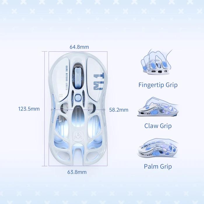 GravaStar Mercury M1 Pro Gaming Mouse Ice Blue, 78g Lightweight Magnesium Alloy, 26,000 DPI, PAW3395DM Sensor, 5 Programmable Buttons, Support Wired/2.4GHz/BT, Up to 200 Hours Battery Life