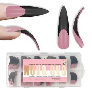 NOVO OVO Halloween Black XXL Curved Stiletto Almond French Tip Nail Tips 144 pcs Full Cover Extra Thick Acrylic Extensions【NO GLUE ,TOP COAT AND LAMP INCLUDED】