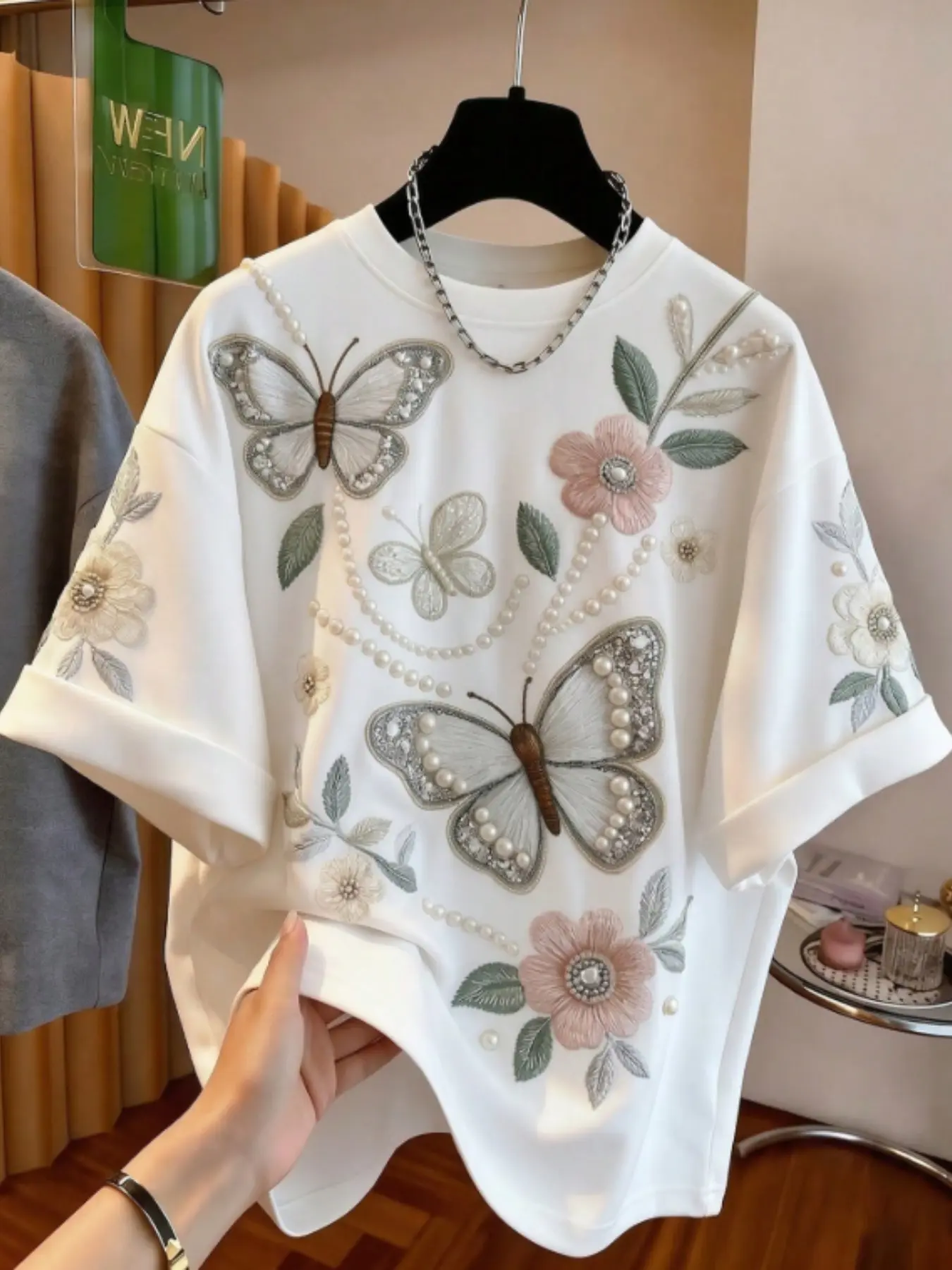 Elegant Feminine Butterfly Floral Embroidered T-Shirt, Loose Fit Pearl Trim Round Neck Short Sleeve, Versatile Casual Summer Tops for Women, Loose Fit Tees