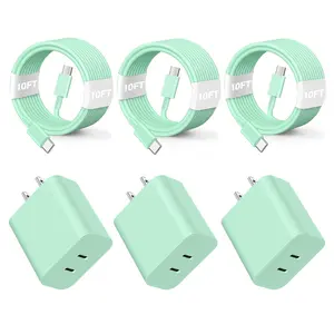 iPhone 15 16 Charger, 3 Pack Green Dual USB C Charger Block 20W USB-C Power Adapter Wall Plug Cube Double C Port Charging Brick for iPhone 16 15 Pro Max Plus,iPad Pro with 3X 10FT Type-C Cable