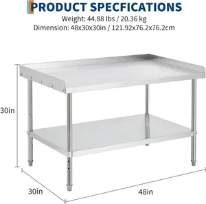 2 Tier Stainless Steel Grill Tables Equipment Stand,48x30 in Heavy Duty Metal Prep Table with Removable Three-Sided Backsplash & Adjustable Shelf,Workstation for Kitchen