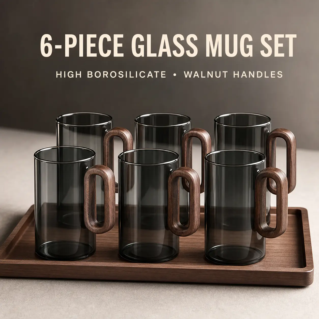 6-Pack High Borosilicate Glass Cups with Black Walnut Wood Handle, Heat Resistant Clear Glass Drinking Mugs, Elegant Tea Coffee Glass Mugs Set for Home Kitchen Living Room